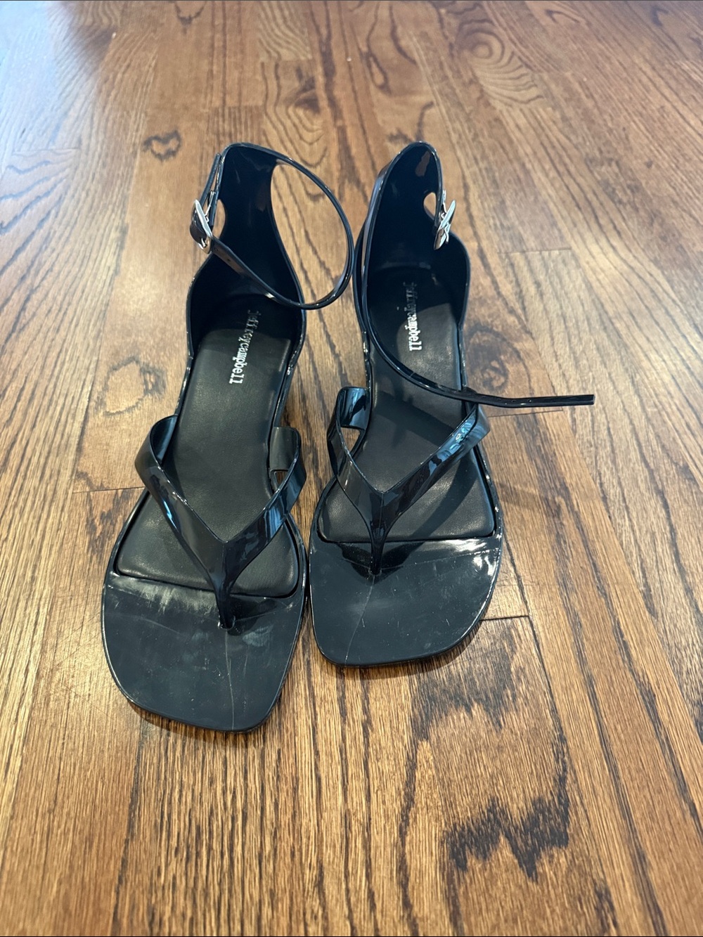 Jeffrey Campbell Black Patent Square-Toe Thong Sandals with Ankle Strap